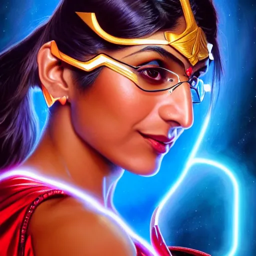 Image similar to mia khalifa as darna, wax figure, glowing eyes, volumetric lights, red and cyan theme, art nouveau botanicals, intricate, highly detailed, digital painting, artstation, concept art, smooth, sharp focus, cinematic, illustration, beautiful face, art by artgerm and greg rutkowski and alphonse mucha