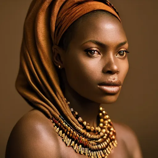 Image similar to vintage portrait of a stunningly beautiful west african female, depth of field, zeiss lens, detailed, symmetrical, centered, fashion photoshoot, by edward s curtis, Annie Leibovitz and Steve McCurry, David Lazar, Jimmy Nelsson, Breathtaking, 8k resolution, extremely detailed, beautiful, establishing shot, artistic, hyperrealistic, beautiful face, octane render