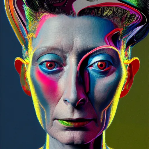 Image similar to a realistic octane render physically based rendering chrome neon tilda swinton, trending on artstation, by archan nair and marlene dumas, intricate details, gilded, in the style of frank auerbach, in the style of martin ansin, in the style of david aja, by kandinsky