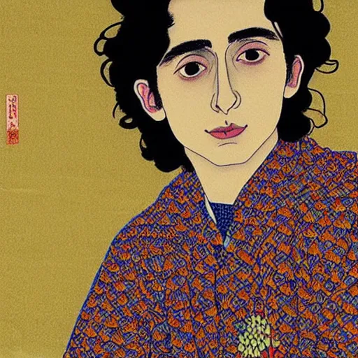 Image similar to “ timothee chalamet portrait by ikenaga yasunari and ayana otake and ko rakusui, 6 0 s poster, drawing, realistic, sharp focus, japanese, dreamy, nostalgia, faded, golden hues, floral clothes ”