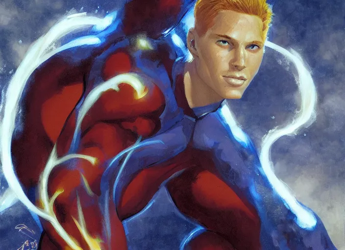 Prompt: a highly detailed beautiful portrait of johnny storm [ fantastic four ] [ human torch ], by gregory manchess, james gurney, james jean