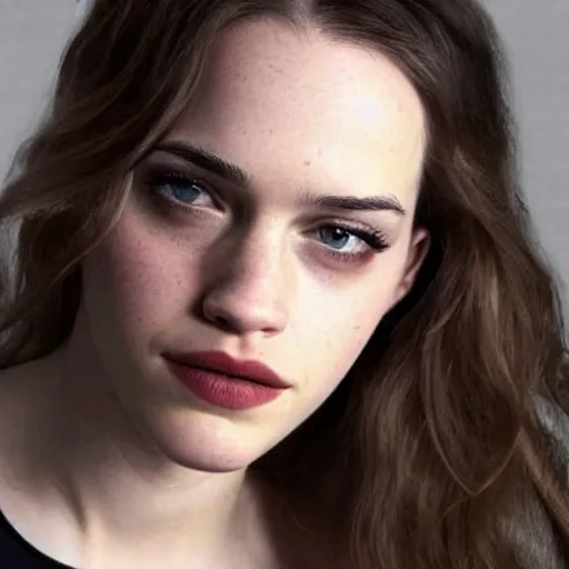 Image similar to a woman who is a genetic combination of kat dennings and emma watson face and upper - body focus