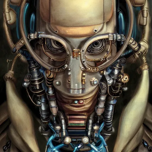 Image similar to portrait painting of a steampunk cyborg priest, transhumanism, ultra realistic, concept art, studio ghibli, intricate details, eerie highly detailed