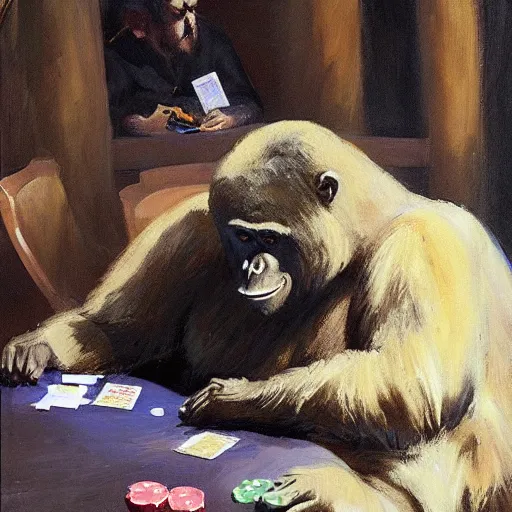 Prompt: gorrila with a bear, playing poker highly detailed beautiful, by gregory manchess, james gurney, james jean