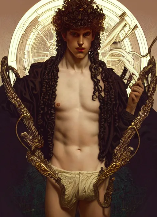 Image similar to the god hermes, young man, curly blond hair, glowing eyes, volumetric lights, cyan and white scheme, art nouveau botanicals, gothic, intricate, highly detailed, digital painting, artstation, concept art, smooth, sharp focus, symmetric face, illustration, steampunk, art by artgerm and greg rutkowski and alphonse mucha