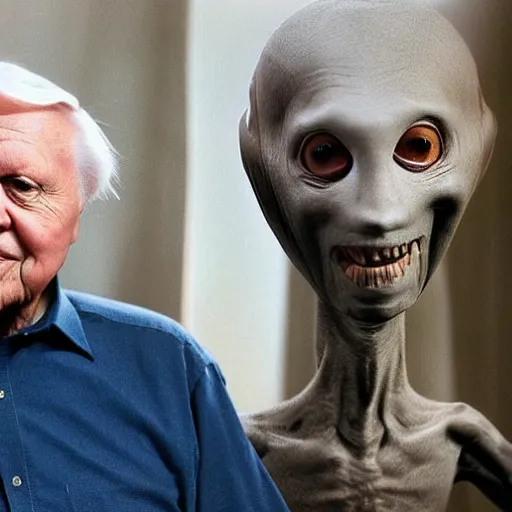 Prompt: Sir David Attenborough with a Grey Alien