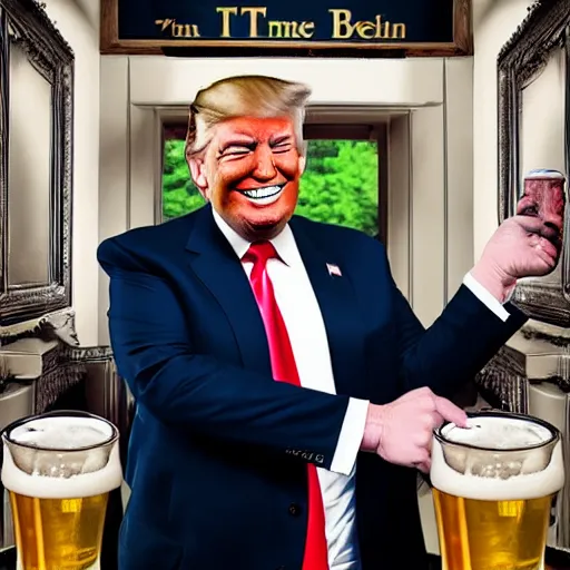 Image similar to portrait of trump grinning and offering a pint of beer to the viewer, realistic, detailed, 4 k, photography