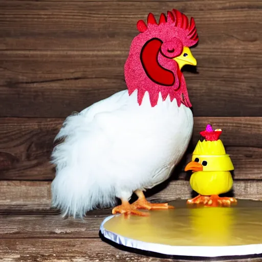 Image similar to a fluffy downed baby chick with a rooster they see a birthday cake having 3 candles