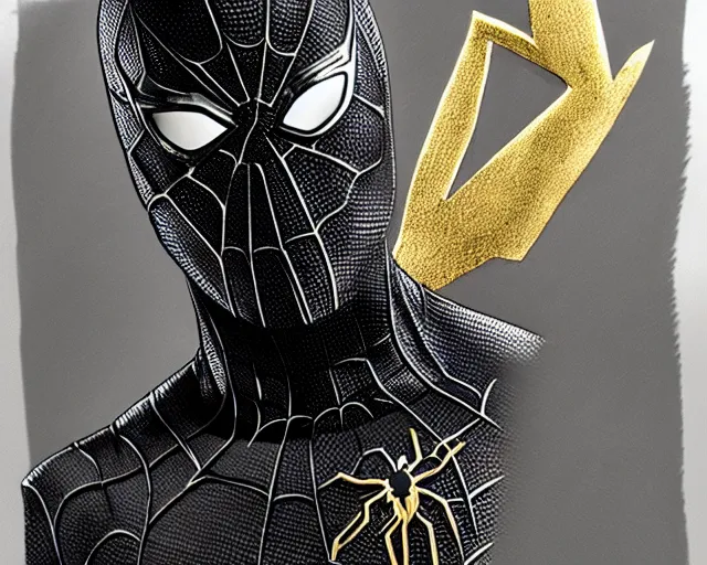 Image similar to photorealistic sketch of black spider - man with gold webbing