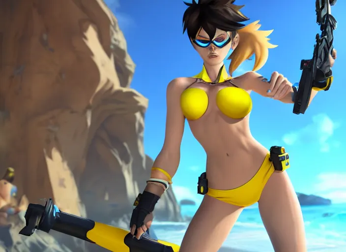 Image similar to tracer game character, in yellow bikini, blonde hair, black eyes, full height