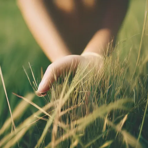 Prompt: A photography of a female hand touching long grass. Detailed. High quality. Warm like. Scotland mood. Cinestill 800T film. Depth of field. Lens flare.