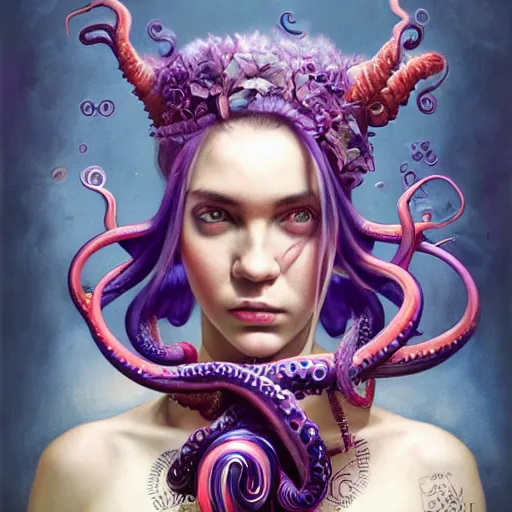 Image similar to art portrait of a furious girl with purple tentacles on her head, 8 k, by tristan eaton, stanley artgermm, tom bagshaw, greg rutkowski, carne griffiths, trending on deviantart, face enhance, hyper detailed, full of colour,