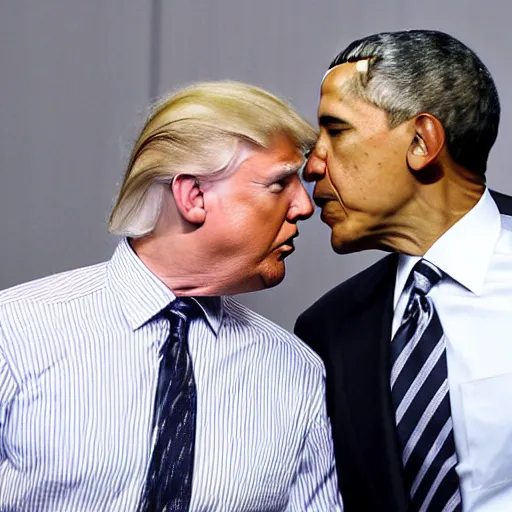 Prompt: a photograph of Barack Obama and Donald trump kissing each other