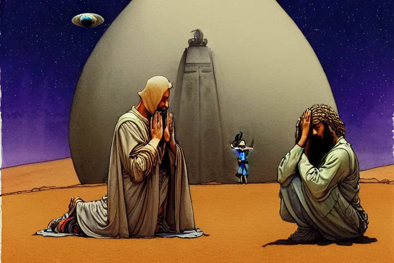 Image similar to a hyperrealist watercolour character concept art portrait of a middle eastern merchant kneeling down in prayer in front of an elegant alien with 1 2 eyes on a misty night in the desert. a ufo is in the background. by rebecca guay, michael kaluta, charles vess and jean moebius giraud