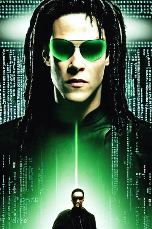 Prompt: a movie poster portrait taken from the matrix movie featuring ( john david washington ) with long black dreadlocks, wearing futuristic sun glasses and black leather trench coat, green matrix computer code and light beams flash in the background, extremely detailed, extremely symmetrical facial features, by kevin fiege 8 k