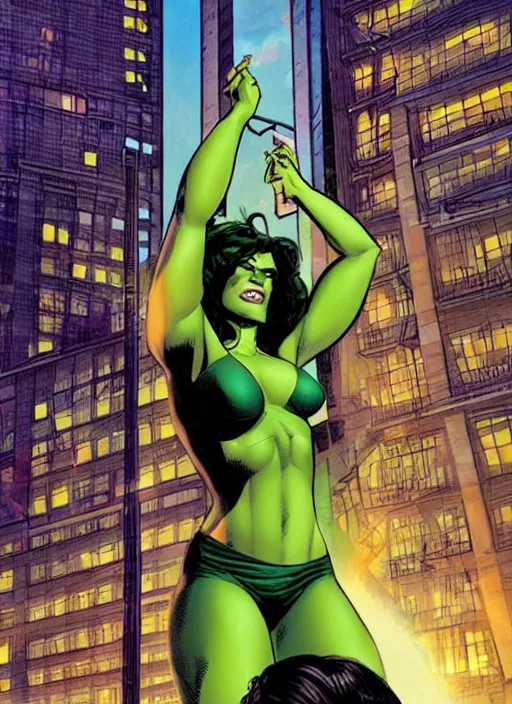 Prompt: a portrait of the she hulk in new york city by joe jusko, simone bianchi and alex ross dramatic lighting.