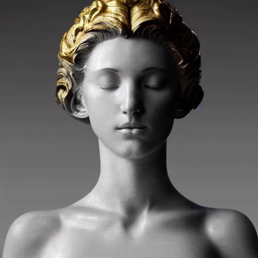 Image similar to a statue made of white marble with gold veins, of an beautiful gorgeous angel girl, full body shot, perfect symmetrical body, perfect symmetrical face, no eyes, hyper realistic, hyper detailed, fujicolor superia 1 6 0 0 photo, by peter kemp, by monia merlo, by michelangelo octane render, blender, 8 k