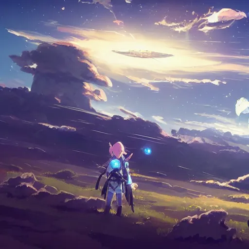 Image similar to a spaceship crashed into a foreign planet. The spaceship is buried in the ground. anime clouds. in the style of digital art, artstation trending, rossdraws, breath of the wild, Makoto Shinkai, ghibli