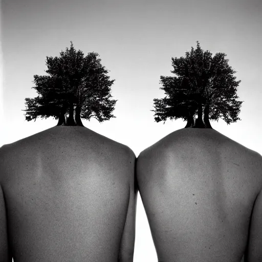 Image similar to a 35mm photograph of two trees talking behind a human’s back, realistic