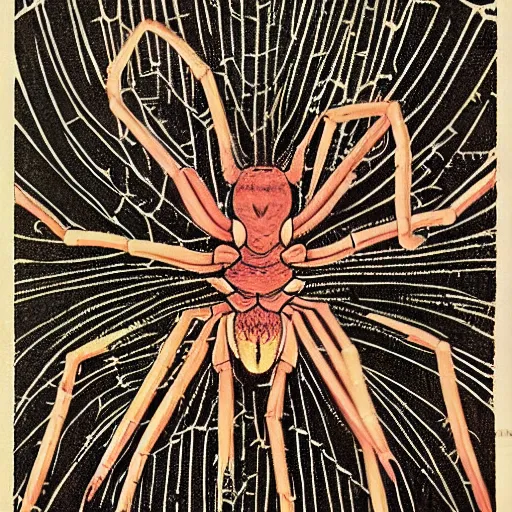 Image similar to a girl with a spider, colored woodcut, poster art, by Mackintosh, art noveau, by Ernst Haeckel