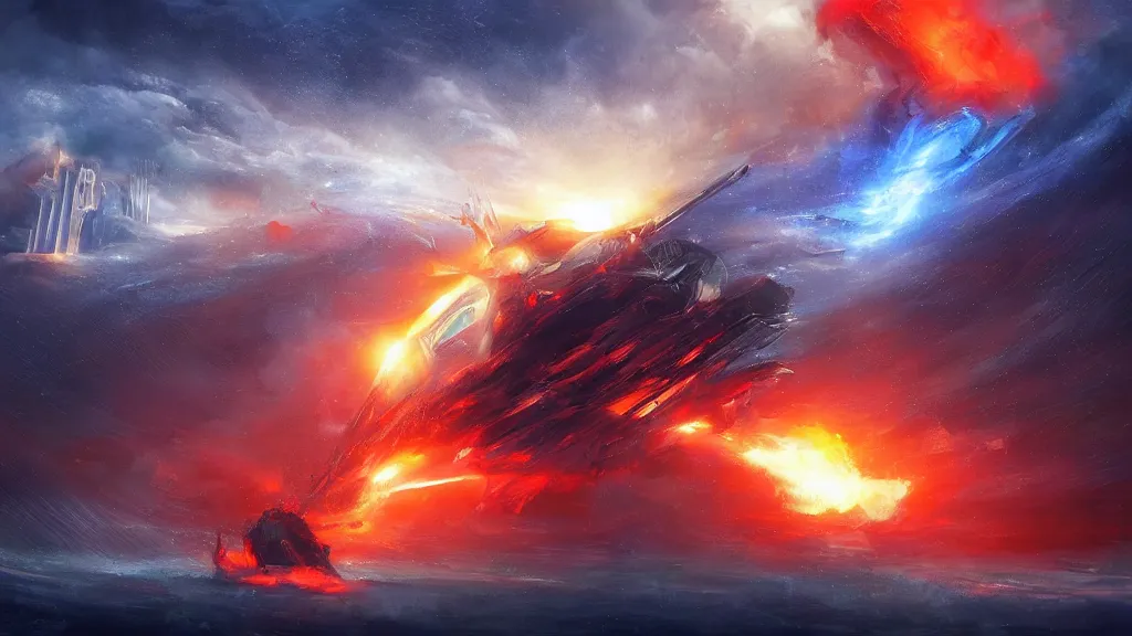 Image similar to A silver spacecraft meet gods of Egypt in giant mode in the tornado over the roaring scarlet red ocean draw by Art station artist Anato Finnstark, blue and orange lighting, foggy atmosphere , Bottom view