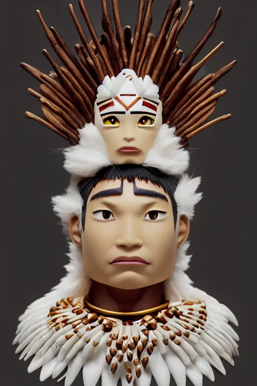 Image similar to man of q'eros, peru amazon tribe, finely detailed perfect face, exquisite details, fire magic, mid view, design on a white background, by studio muti, greg rutkowski makoto shinkai takashi takeuchi studio ghibli