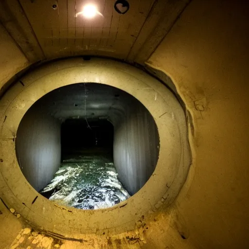 Prompt: the interior of a partially flooded missile silo, dark, scary lighting, scary, creepy, eerie, horror, submechanophobia, submerged machinery, photo,