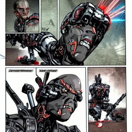 Prompt: cyborg from metal gear rising : revengeance, vintage comic, grimdark