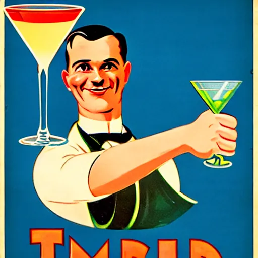 Image similar to a man holding a martini with an otter swimming in it while the otter gives a thumbs up in a 1 9 2 0 s advertisement poster