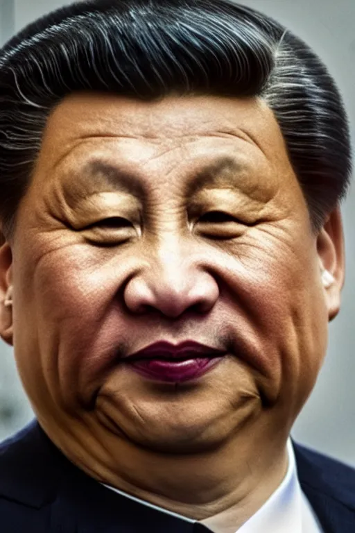 Image similar to A still of Xi Jinping as a Chinese fugly beta male, close-up, rule of thirds, award winning photo, unreal engine, studio lighting, highly detailed features, dirty trash setting