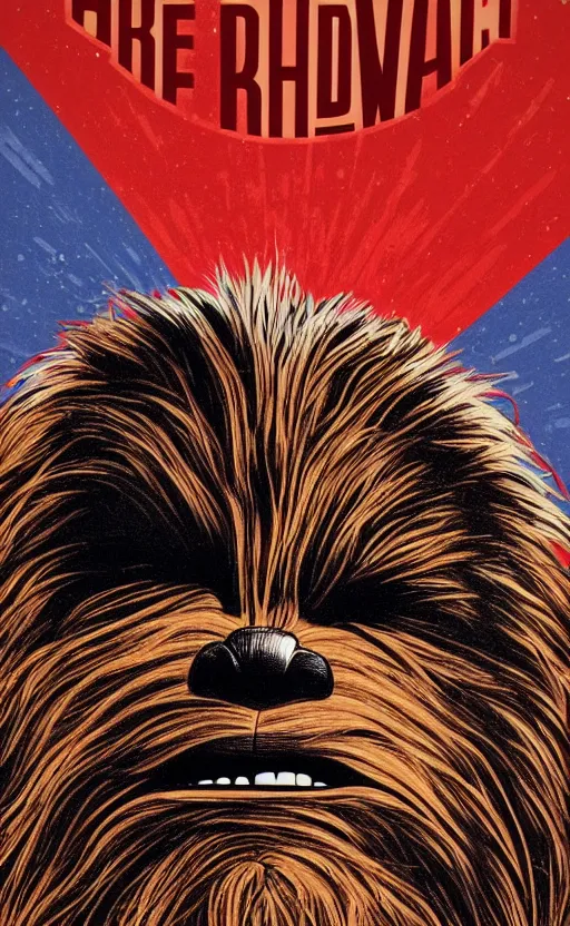 Image similar to chewbacca presidential election poster showing close up of chewbacca face red and blue duotone by sheperd fairey no text