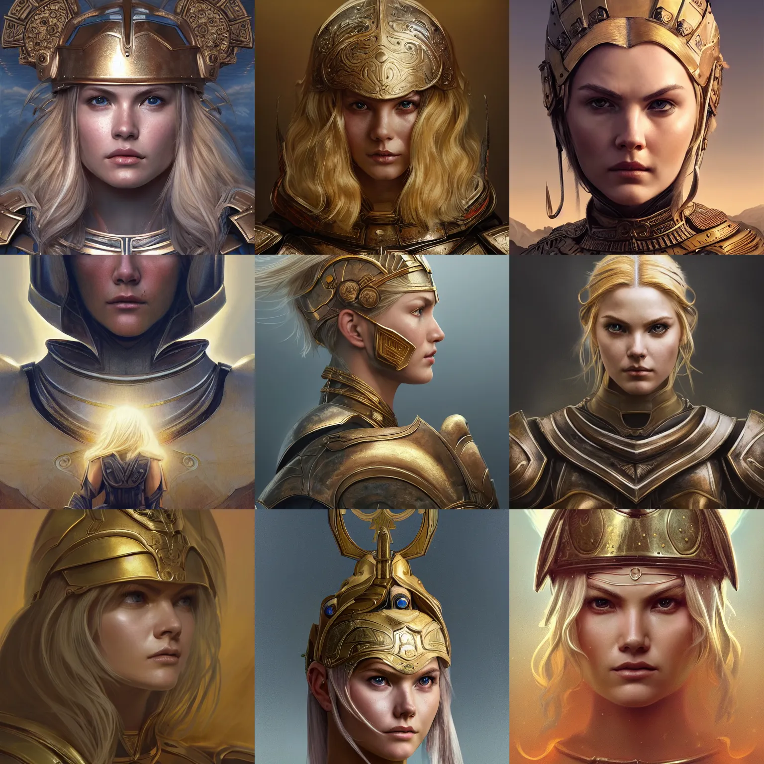 Prompt: masterpiece head-on symmetrical centered painted portrait, Elisha Cuthbert as a warrior paladin, blonde hair, golden halo, wearing full metal armour, elegant, distant, in the style of Edgar Maxence and Ross Tran and Zdzisław Beksiński and Michael Whelan, 8k, octane render