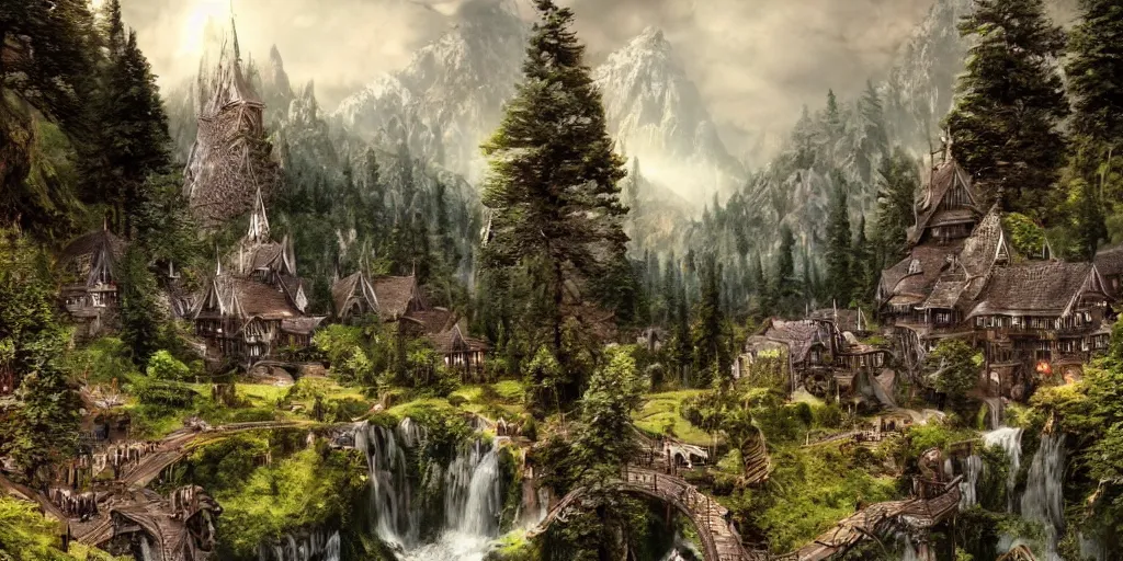 Image similar to elvish village. rivendell. mountains. beautiful forest. concept art. epic. cinematic. artstation.