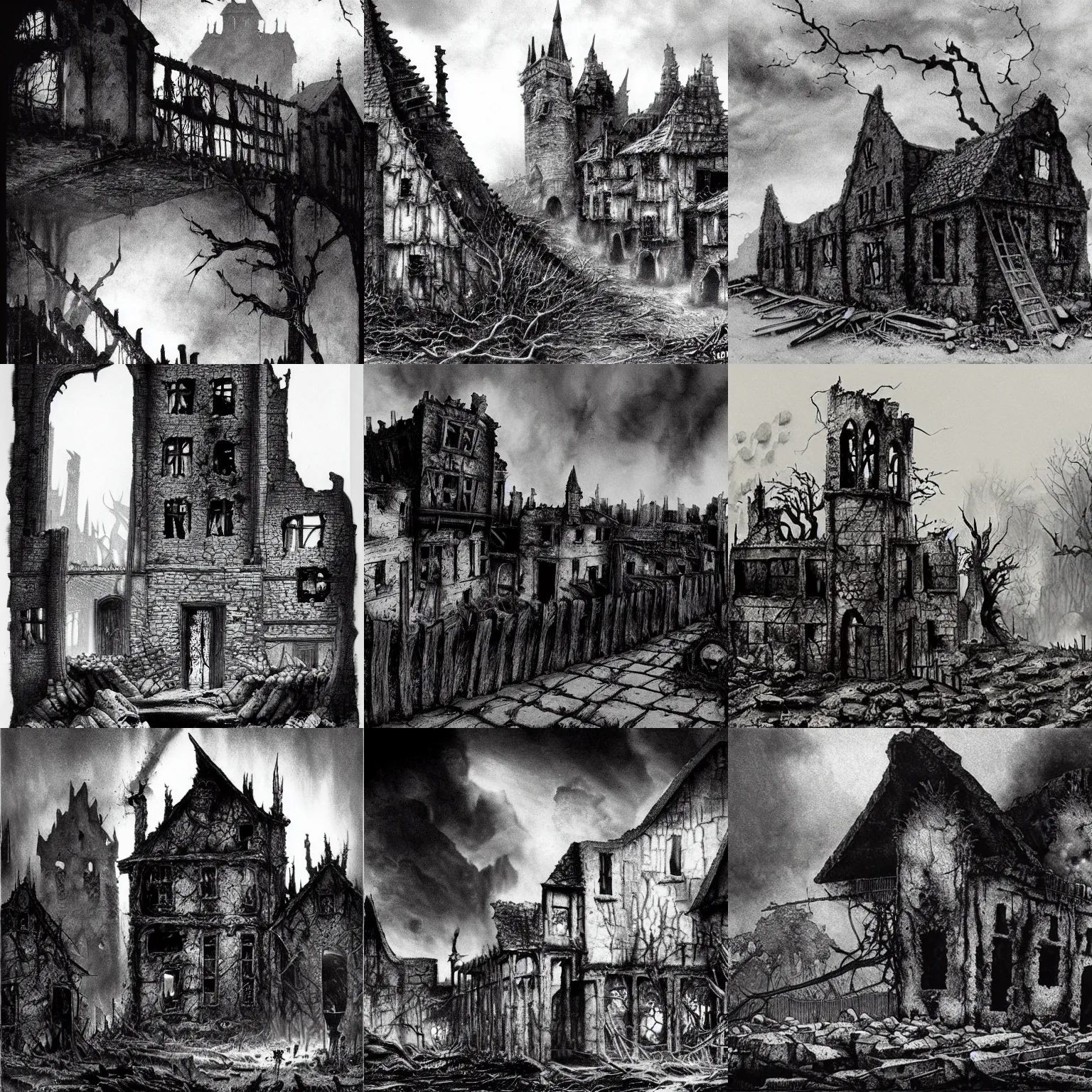 Prompt: a ruined village, set ablaze. dark fantasy, film noir, black and white. high contrast, stephen gammell, d & d, osr