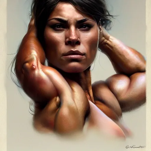 Prompt: a very beautiful portrait of a hulking herculean bodybuilder muscular musclebound bodybuilder woman, very beautiful face, pretty face, very detailed eyes, highly detailed, muscular, by wlop, greg rutkowski, simon bosley