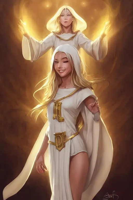 Prompt: Pretty Female Cleric, skintight white robes, golden details!, church background!, golden hair, green eyes, light brown skin!, detailed face, cute grin!, DND, D&D, low fantasy, by WLOP, Stanley Artgerm Lau, frank frazetta, Rossdraws, James Jean, artgerm, trending on Arstation, artstationHD, artstationHQ, cgsociety, HD 16K, extremely detailed, face details, pose