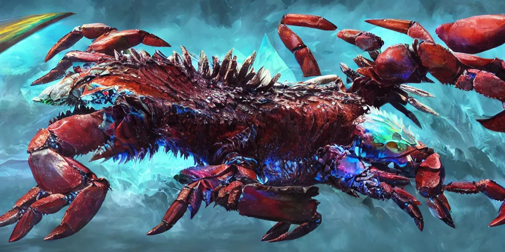 Image similar to Iridescent crab seamonster, character design sheet, Monster Hunter Illustrations art book, diamond sharp claws, huge arms, iridescent shards on its back, Moebius, Greg Rutkowski, Zabrocki, Karlkka, Jayison Devadas, Phuoc Quan, trending on Artstation, 8K, ultra wide angle, zenith view, pincushion lens effect.