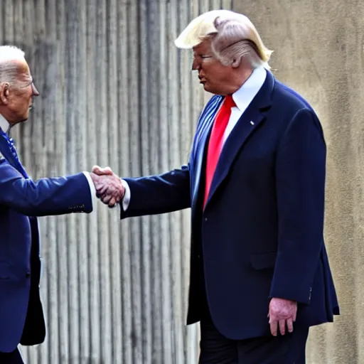 Image similar to Donald Trump and Joe Biden shaking hands in an alley