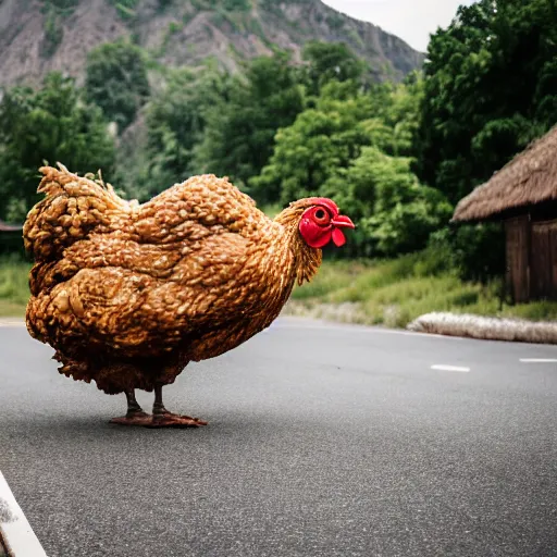 Prompt: Giant automoton chicken destroying a village (1942), Canon EOS R3, f/1.4, ISO 200, 1/160s, 8K, RAW, unedited, symmetrical balance, in-frame