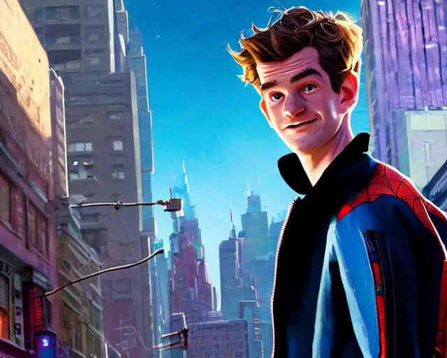 Image similar to highly detailed portrait of andrew garfield, in spider - man : into the spider - verse, stephen bliss, unreal engine, fantasy art by greg rutkowski, loish, rhads, ferdinand knab, makoto shinkai and lois van baarle, ilya kuvshinov, rossdraws, tom bagshaw, global illumination, radiant light, detailed and intricate environment