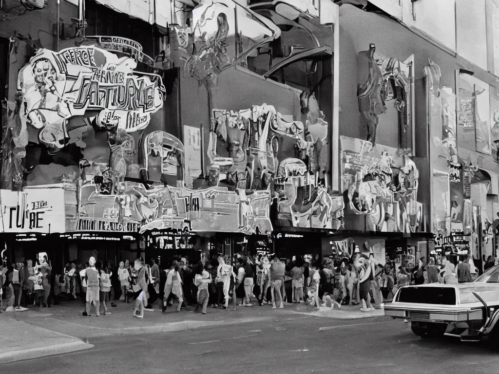 Image similar to a photograph taken with anscochrome 2 0 0, street view of the new theater of the town, with a back to the future banner, a lot of people in a line to enter the theater, ultra detailed, almost night, 1 9 8 5,