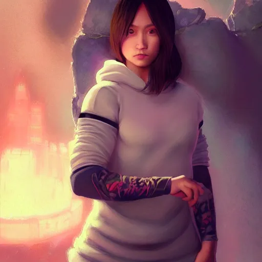 Image similar to feminine dwayne johnson in cat hoodie by ross tran, walking in a castle painted by sana takeda, rtx reflections, very high intricate details, digital anime art, medium shot, mid - shot, composition by ilya kuvshinov, lighting by greg rutkowski