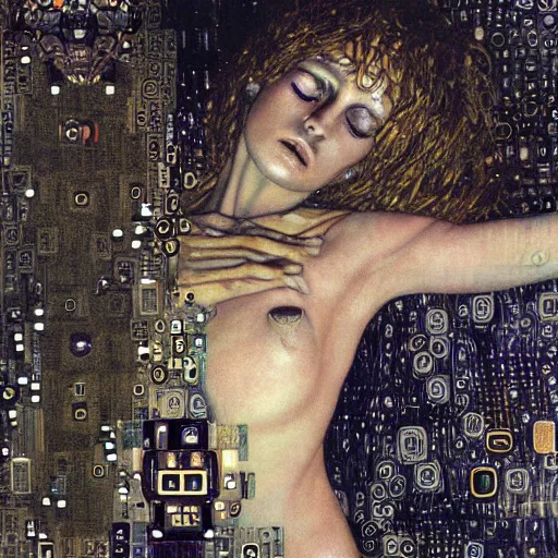 Prompt: cybernetic demon sleeping in circuitry, intricate detail, klimt, royo, whealan,