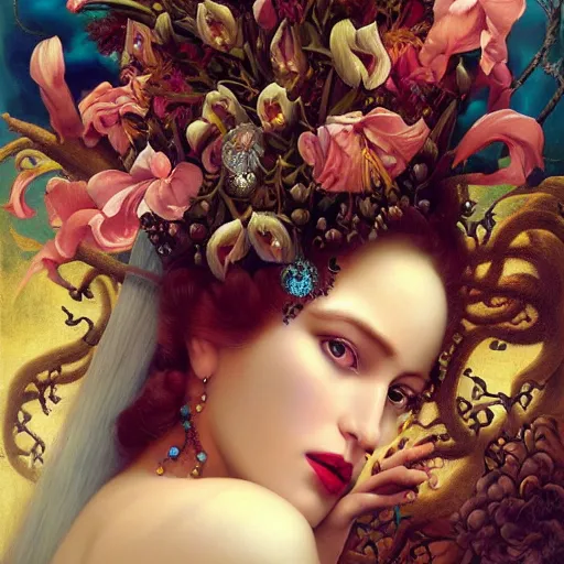 Prompt: dynamic composition, blonde woman with hair of irises and spring flowers wearing ornate earrings, ornate gilded details, a surrealist painting by tom bagshaw and jacek yerga and tamara de lempicka and jesse king, wiccan, pre - raphaelite, featured on cgsociety, pop surrealism, surrealist, dramatic lighting