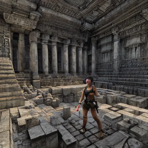 Prompt: realistic hyper detailed hard surface modelled 3 d geometry, tomb raider temple ruins, deep perspective, wide angle, insanely detailed and intricate, ornate patterned people, by sir james guthrie