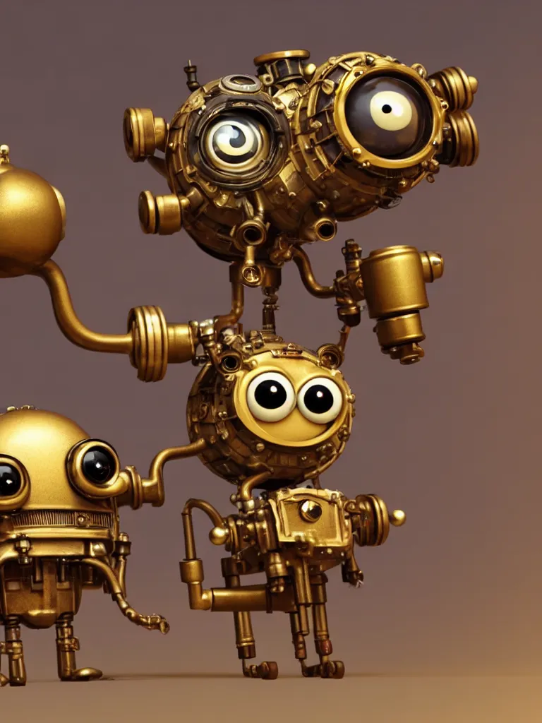 Prompt: a tiny cute steampunk monster with golden pistons and black belts and camshaft pulley and one small machine gun turret and one tiny missile launcher and one small jet engine and big eyes smiling and waving, back view, isometric 3d, ultra hd, character design by Mark Ryden and Pixar and Hayao Miyazaki, unreal 5, DAZ, hyperrealistic, Cycles4D render, Arnold render, Blender Render, cosplay, RPG portrait, dynamic lighting, intricate detail, summer vibrancy, cinematic, centered, focused, sharp