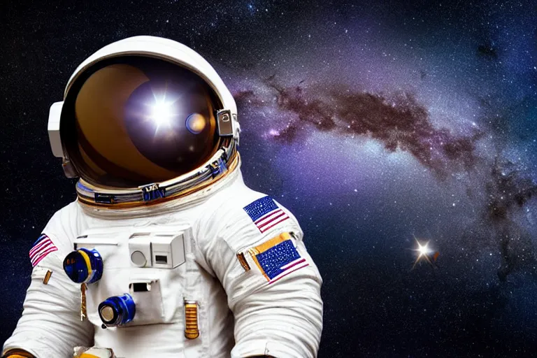 Image similar to astronaut in space wearing a spacesuit floating, milky way galaxy in background, highly detailed, photorealistic portrait, bright studio setting, studio lighting, crisp quality and light reflections, unreal engine 5 quality render