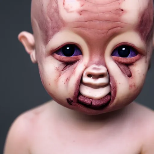 Image similar to soulless baby looking forward, glossy eyes, disfigured, dead appearance, high quality,