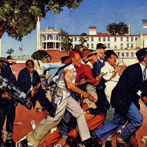 Image similar to norman rockwell painting of the fbi raiding mar - a - lago, highly detailed award winning painting,