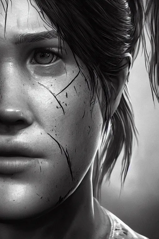 Image similar to ultra realistic facial portrait of ellie from the last of us part 2, digital art, character portrait, highly detailed, trending on artstation, lens flare, atmosphere, hyper realistic, cinematic lightning, sharp focus, unreal engine 5, extreme details perfect face, pretty face, fine - face, illustration, 8 k, ultra texture, masterpiece